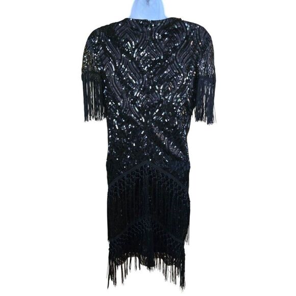 Vintage Black Sequin & Fringe Flapper Dress homecoming formal bling glam sparkle - Picture 2 of 6
